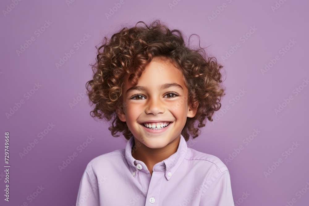 Portrait of a smiling little boy with curly hair against purple background Portrait of a smiling little boy with curly hair against purple background