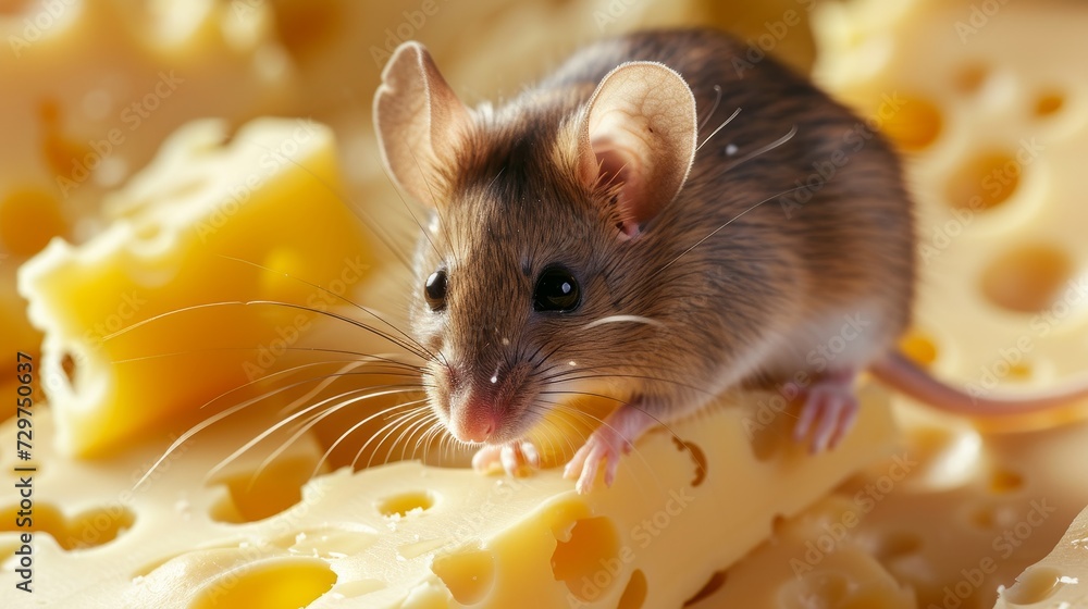 Close-up of a mouse perched on top of cheese, tempted by its savory aroma, Ai Generated. Close-up of a mouse perched on top of cheese, tempted by its savory aroma, Ai Generated.
