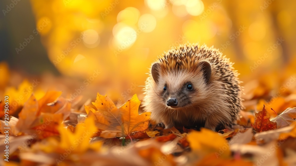 Charming hedgehog sits amidst autumn leaves, surrounded by breathtaking fall scenery, Ai Generated. Charming hedgehog sits amidst autumn leaves, surrounded by breathtaking fall scenery, Ai Generated.