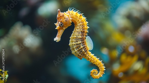 Close-up of a seahorse gracefully swimming in the ocean, its delicate form mesmerizing, Ai Generated.