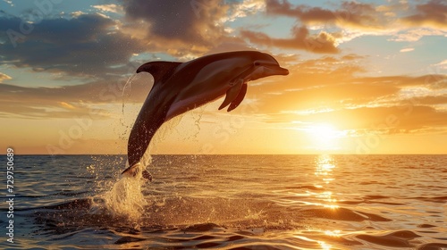 Majestic dolphin leaps out of the water against the backdrop of a stunning sunset, Ai Generated. © Crazy Juke