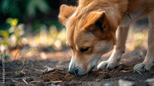 Dog eagerly sniffs dirt on the ground, exploring with its keen sense of smell, Ai Generated.