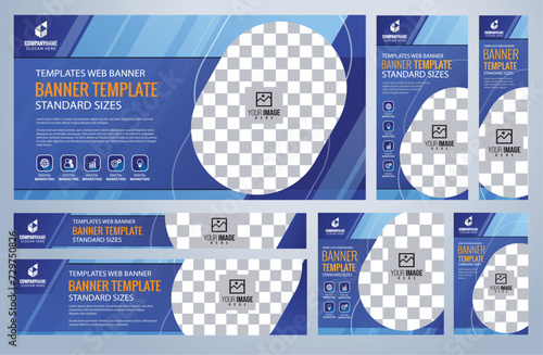 Set of Blue Web banners templates, Coverpage Standard sizes with space. Vector illustration