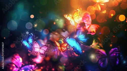Radiant butterflies dance in a dark backdrop, enhancing a magical abstract wallpaper. Ai Generated. © Crazy Juke