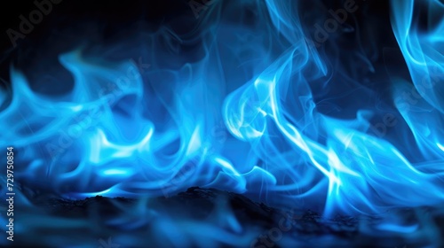 Close-up of blue flames against a black backdrop, an intense and captivating inferno, Ai Generated.