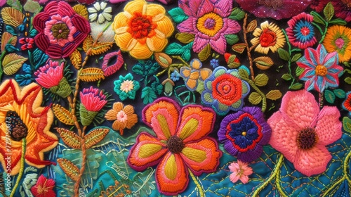 Colorful embroidered wall hanging featuring vibrant flowers, a stunning textile masterpiece, Ai Generated. © Crazy Juke