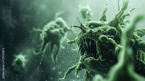 Sinister green monster bacteria and viruses launch an assault within the body's defenses. Ai Generated.