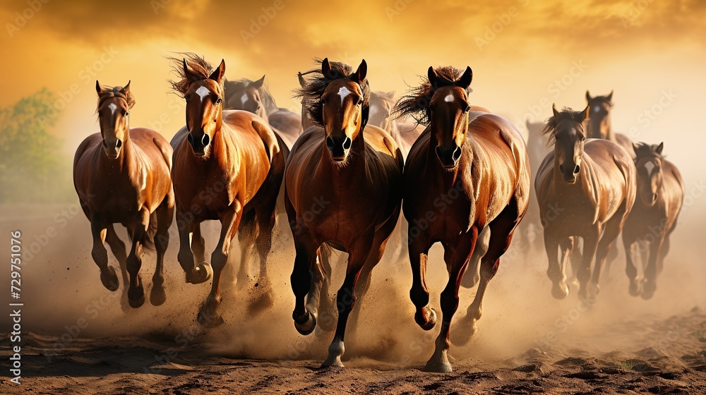 Horses run fast in desert with dramatic background Horses run fast in desert with dramatic background