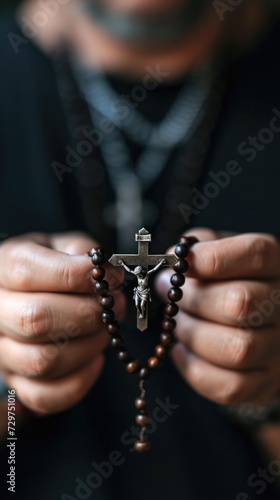 Soulful prayer: a man in quiet devotion, hands clasped around a rosary cross, seeking solace and spiritual connection, capturing the essence of serene contemplation, faith, and religious devotion.