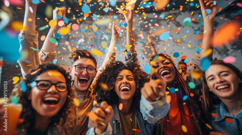 Happy diverse employees team celebrating success business achievement among confetti in modern office, Celebrating with Confetti. Business success concept. Generative AI