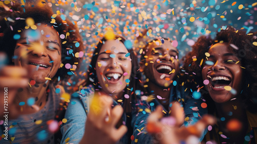 Happy diverse employees team celebrating success business achievement among confetti in modern office  Celebrating with Confetti. Business success concept. Generative AI