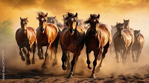Horses run fast in desert with dramatic background