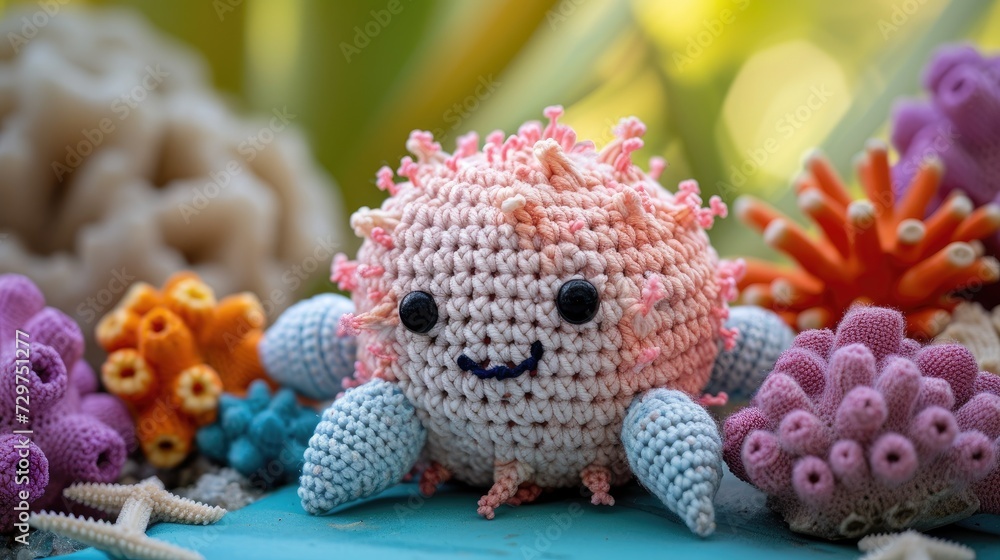 Crocheted sea urchin toy vibrant backdrop, handcrafted and adorable, Ai Generated