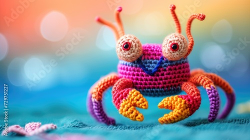 Crocheted crab toy vibrant backdrop, handcrafted and adorable, Ai Generated