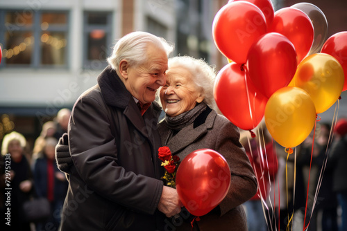 sweet old woman hugs her chosen husband on a city street with festive balloons. Elderly Day, birthday.