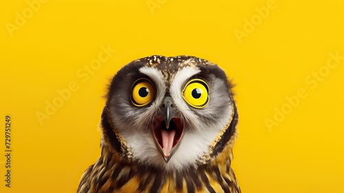 Portrait of emotional animal surprised and shocked owl on yellow background
