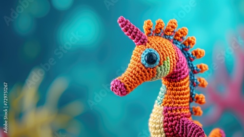 Crocheted sea horse toy vibrant backdrop, handcrafted and adorable, Ai Generated