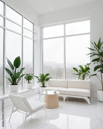 Futuristic Sunroom - Professional close-up photo of a minimalistic sunroom interior with multi-functional furniture, indoor plants, and reflective surfaces Gen AI © Ian