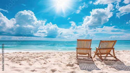 Tranquil beach chairs rest on white sands under a sunny, cloudy blue sky, Ai Generated. © Crazy Juke