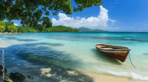 Exotic tropical island with a beautiful Caribbean sea and boat on the shore, Ai Generated. © Crazy Juke