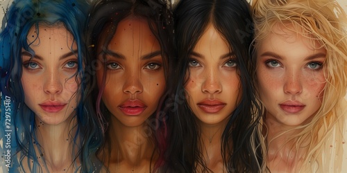Artistic watercolor painting symbolizing women form different ethnicities