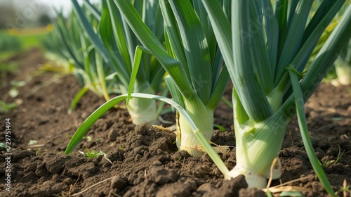 Detailed close-up of fresh leeks thriving on a sunlit farm  a harvest in progress  Ai Generated