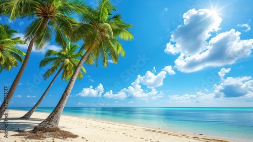 Coconut palm trees against a blue sky frame a beautiful beach, an idyllic tropical scene, Ai Generated.