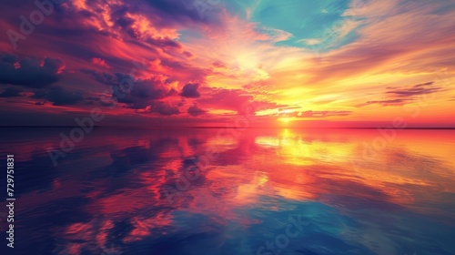 Vibrant sunset casts a colorful glow over a serene lake, a tranquil scene, Ai Generated