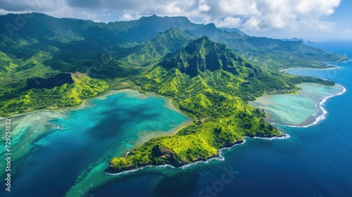 Aerial view captures a stunning island with lush green mountains and azure waters, Ai Generated