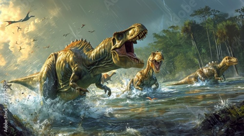 A scene of chaos as all different types of dinosaurs scramble to higher ground trying to stay afloat in the midst of a mive flood.