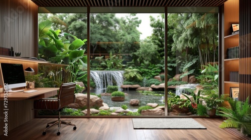 An inviting workspace with a large window overlooking a lush garden adorned with a soothing waterfall feature and warm earthy tones.