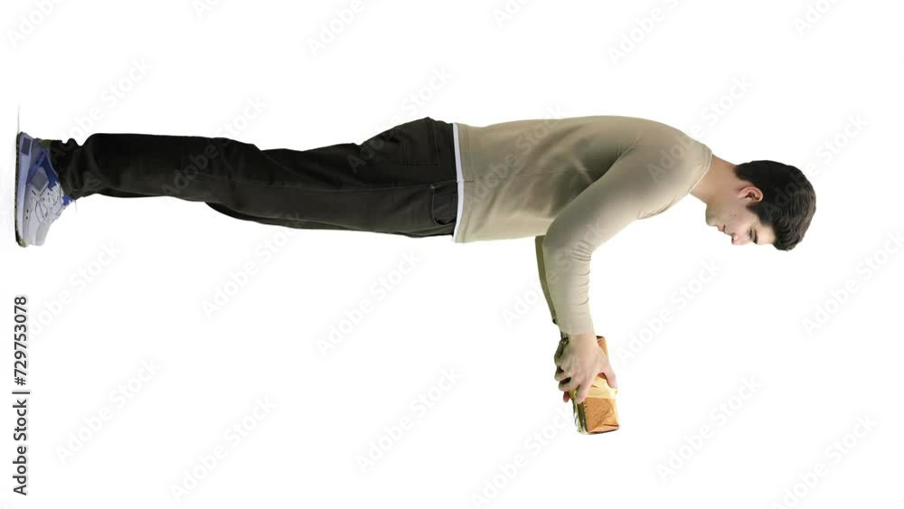 A man, full-length, on a white background, with a gift