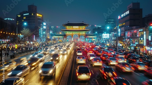 Busy traffic at Namdaemun gate in Seoul, South Korea