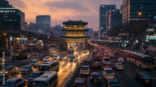 Busy traffic at Namdaemun gate in Seoul, South Korea photo