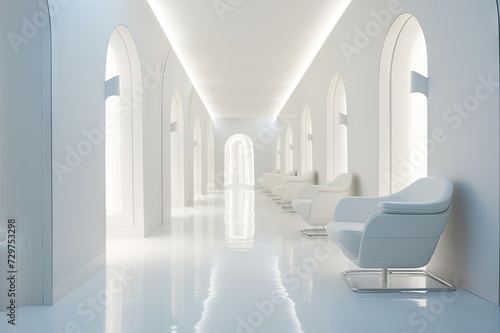 a bright white medical room corridor hallway with white lights, white walls and many white chairs line in an order