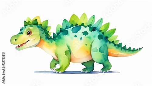 Graphic Design of Green Cute Dinosaur Walking Watercolor in Flat Vector