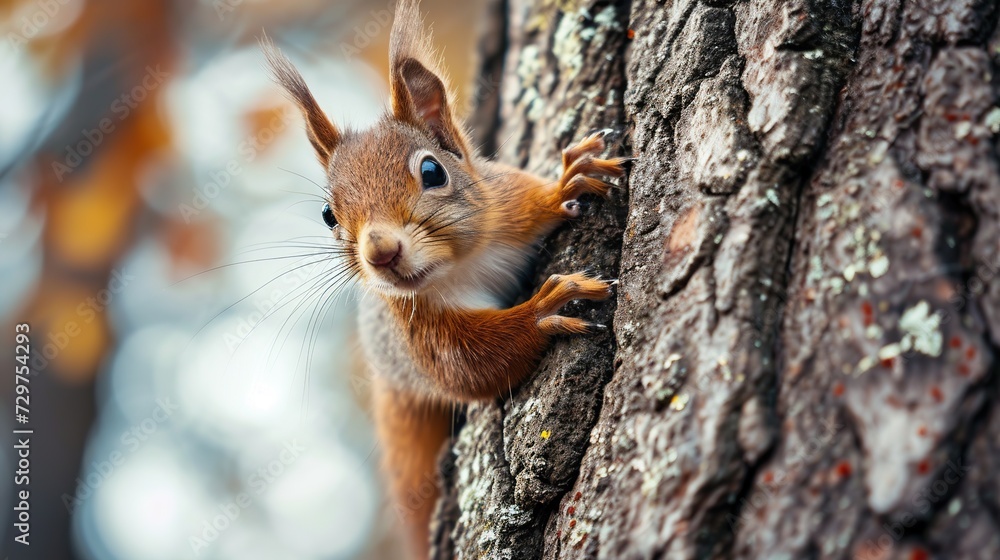 Curious red squirrel peeking behind the tree trunk. Image of animal. copy space for text. Curious red squirrel peeking behind the tree trunk. Image of animal. copy space for text.