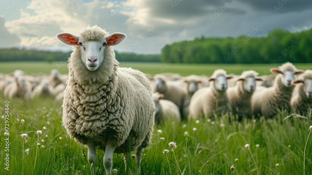 Sheep on pasture on green nature background. Image of animal. copy space for text. Sheep on pasture on green nature background. Image of animal. copy space for text.