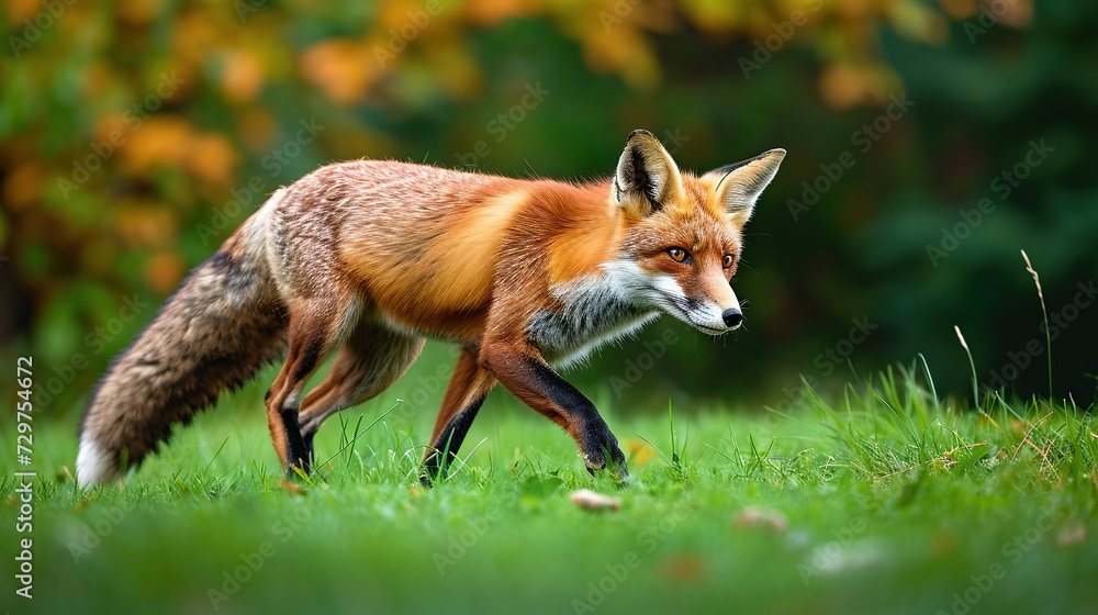 Red Fox hunting, Vulpes vulpes, wildlife scene from Europe. Orange fur coat animal in the nature habitat. Fox on the green forest meadow. copy space for text. Red Fox hunting, Vulpes vulpes, wildlife scene from Europe. Orange fur coat animal in the nature habitat. Fox on the green forest meadow. copy space for text.