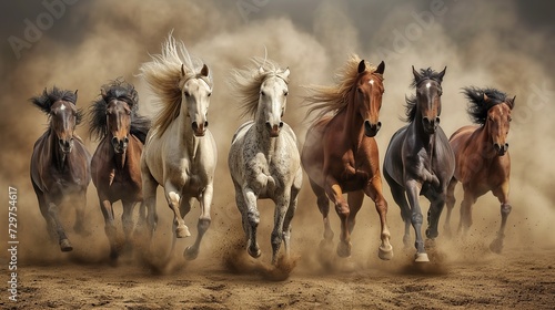 Horses with long mane portrait run gallop in desert dust. image of animal. copy space for text. © Naknakhone