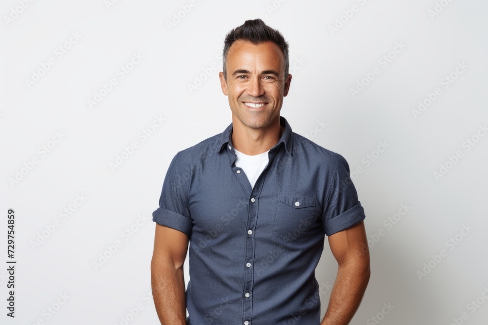 Handsome smiling man in blue shirt standing against white background. Handsome smiling man in blue shirt standing against white background.