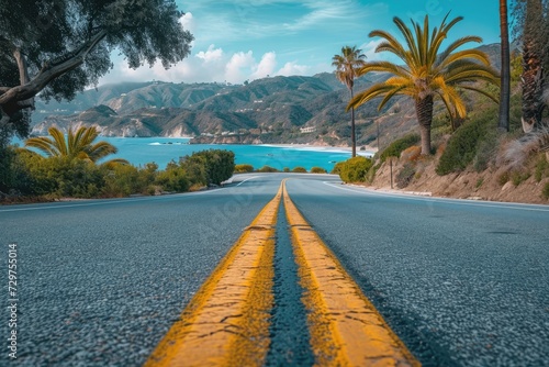 Road to the Beach Coastal Highway Ocean Route, Tropical Vacation Backdrop, Seaside Palm Trees, Nature Landscape