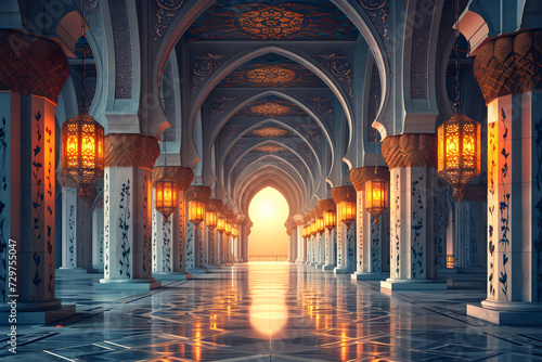 A stunning interior of a mosque with traditional islamic architecture and ornate design, ideal for Ramadan Kareem backgrounds or cultural and religious themes.