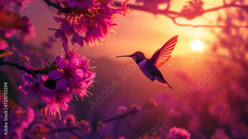 humming bird near pink flowers at sunset with mountains and nature in the distance 