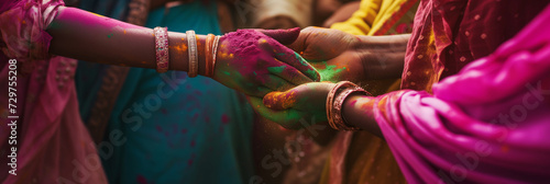 Hands adorned with colorful powder celebrate Holi, the Hindu festival of colors, symbolizing joy and the triumph of good over evil
