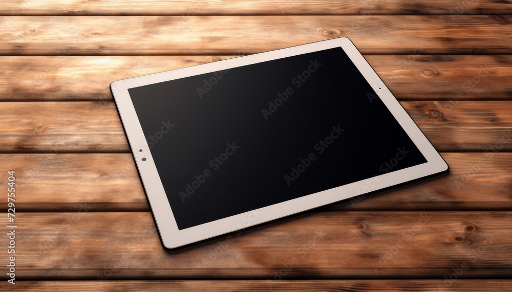 Top view with perspective of white tablet with blank black screen on brown wooden surface. Generative AI. Top view with perspective of white tablet with blank black screen on brown wooden surface. Generative AI.