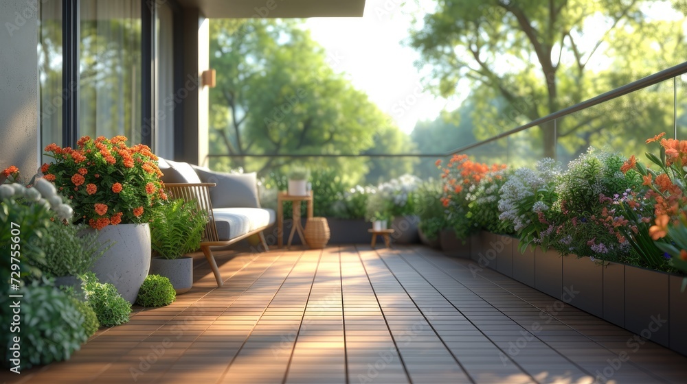 Beautiful of modern terrace with wood deck flooring and fence, green potted flowers plants and outdoors furniture. Csunlit balcony decorated with vibrant flowers and lush green plants in pots Beautiful of modern terrace with wood deck flooring and fence, green potted flowers plants and outdoors furniture. Csunlit balcony decorated with vibrant flowers and lush green plants in pots