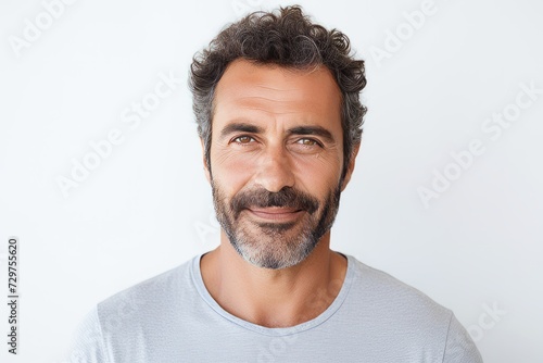 Handsome mature man looking at camera and smiling while standing against grey background