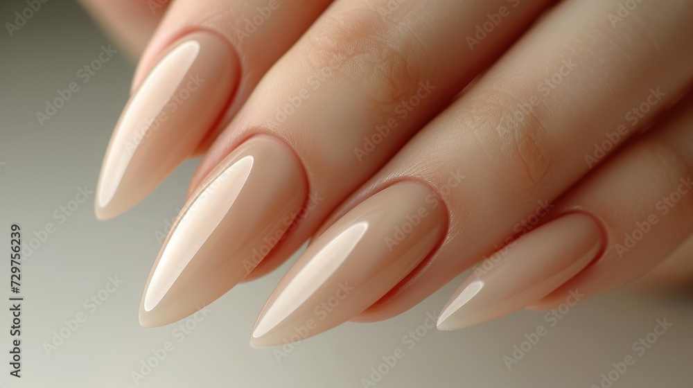Closeup to woman hands with elegant neutral colors manicure. close-up of elegant, pointed, well-manicured nude-colored nails, showcasing a smooth and glossy finish, emphasizing beauty, style Closeup to woman hands with elegant neutral colors manicure. close-up of elegant, pointed, well-manicured nude-colored nails, showcasing a smooth and glossy finish, emphasizing beauty, style