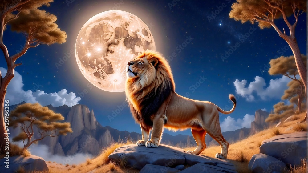 A lion on the background of the moon